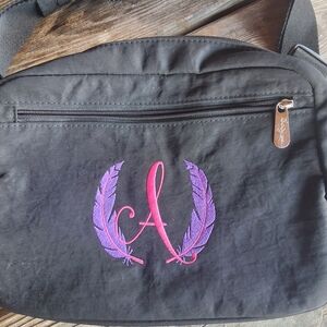 Thirty-One Black Crossbody Belt Bag With Pink And Purple A